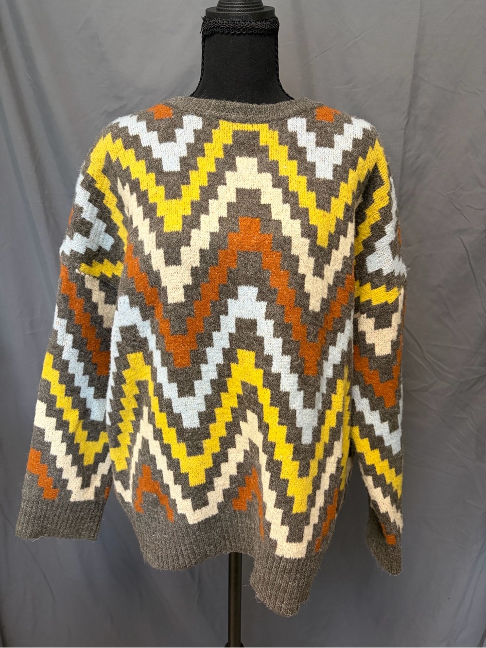 THML women’s Chevron Crewneck Sweater - Gray, Yellow, Orange, Light Blue, Cream